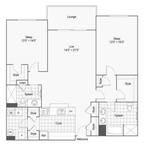 A floor plan of a house with two bedrooms, a lounge, a kitchen, a bathroom, a living room, and a dining area.